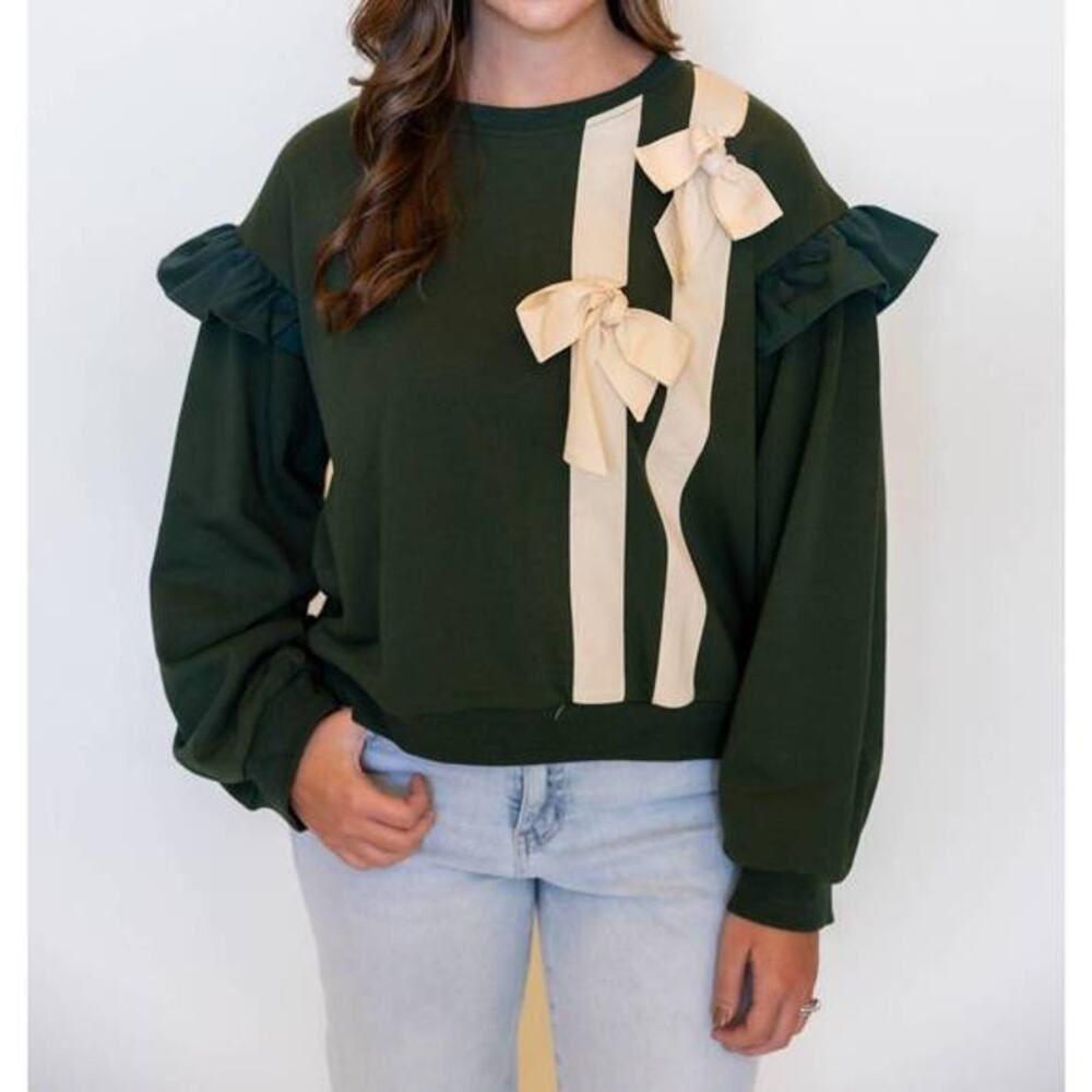 Voy Long Sleeve Pullover Ruffle Bow Tie Sweater Green Womens Size Small - Picture 1 of 5